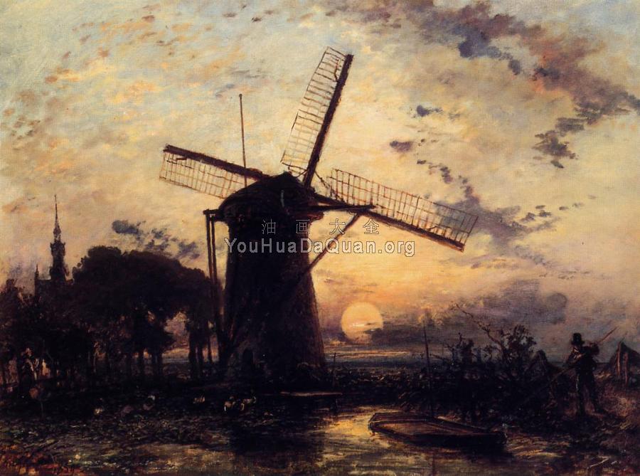 Boatman by a Windmill at Sundown - 约翰·巴托特·琼坎